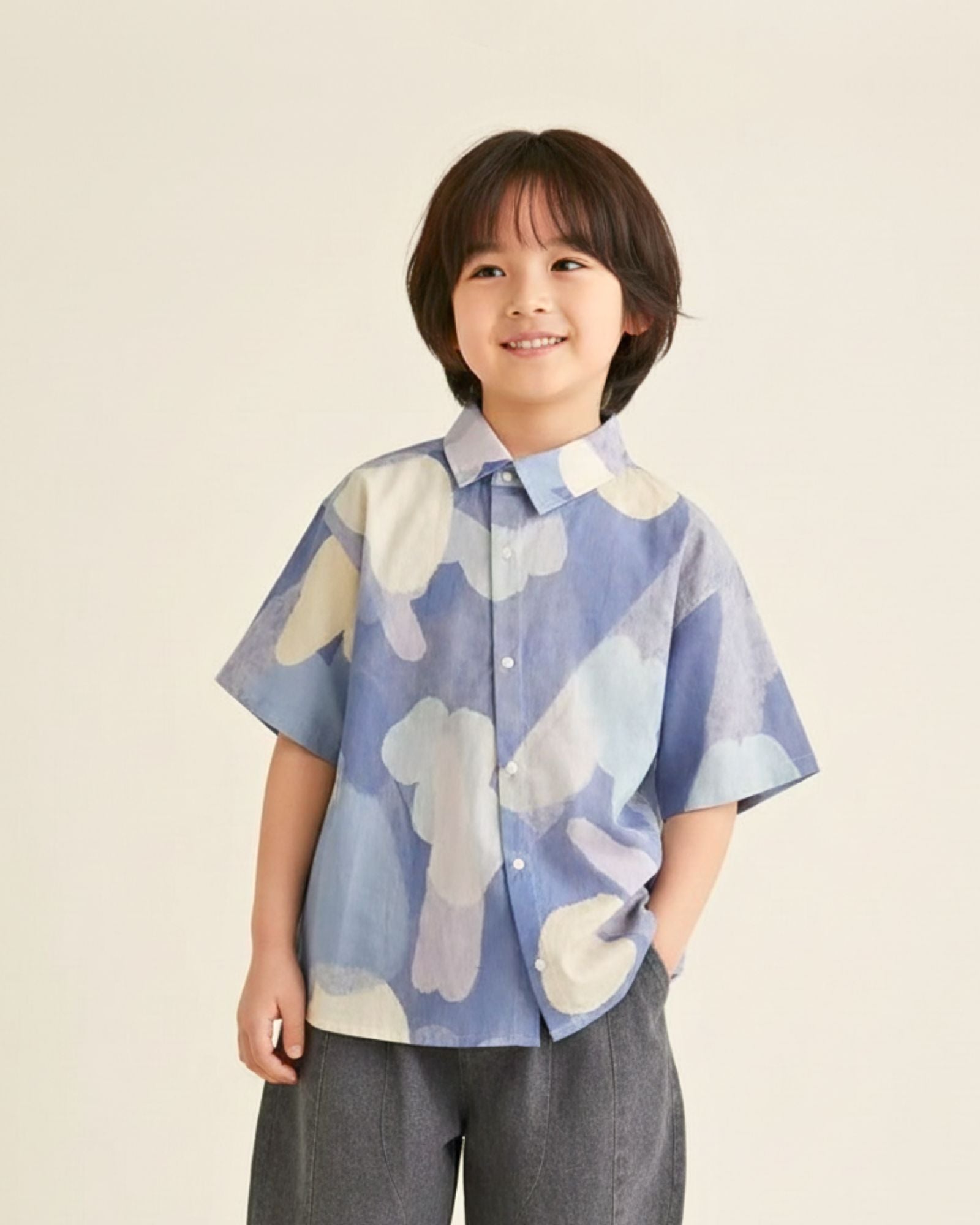 予約注文: 月明かりの池 プリント キッズアシンメトリーシャツ