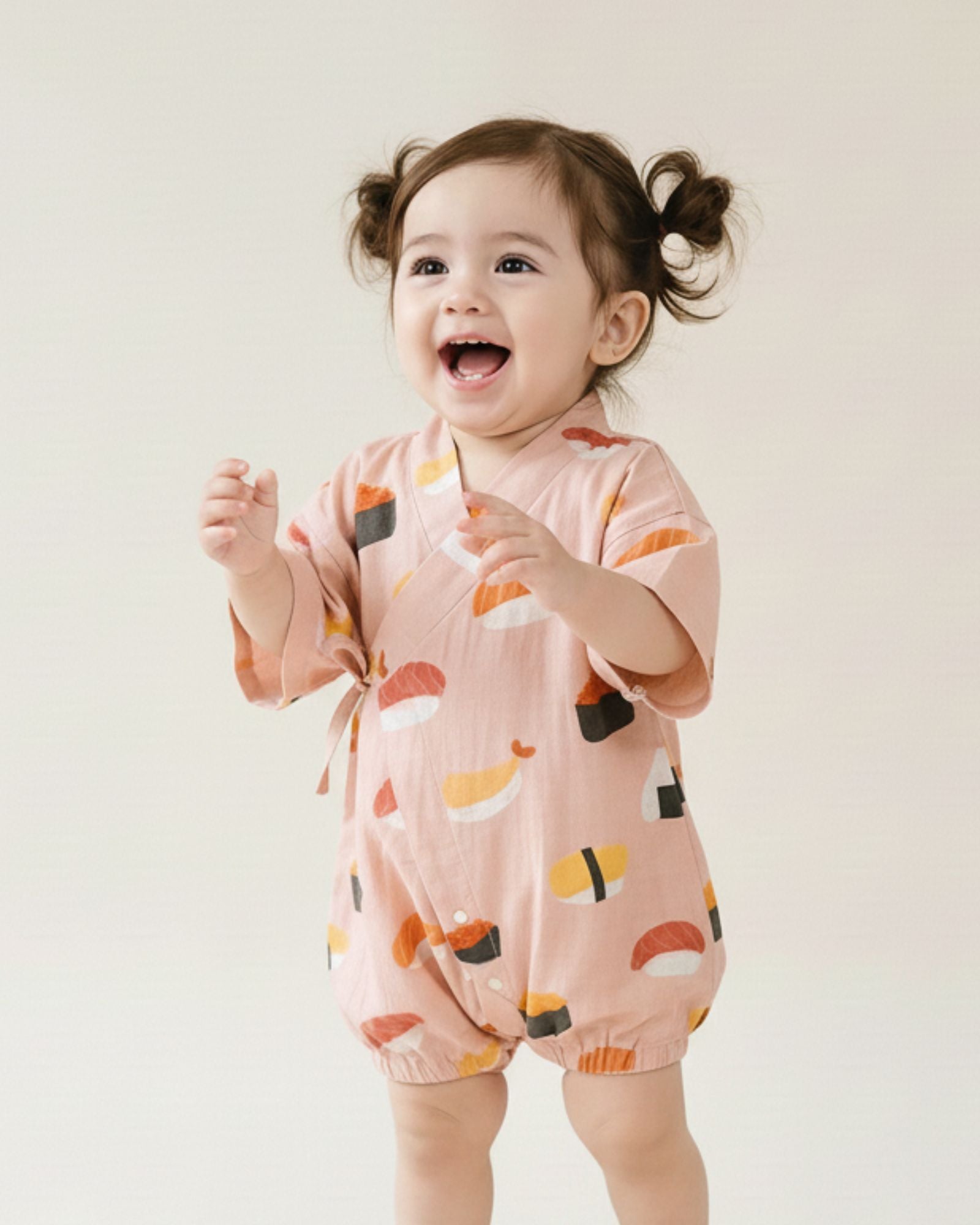 予約注文：お寿司柄 ベビー 甚平 ロンパース - 小豆色